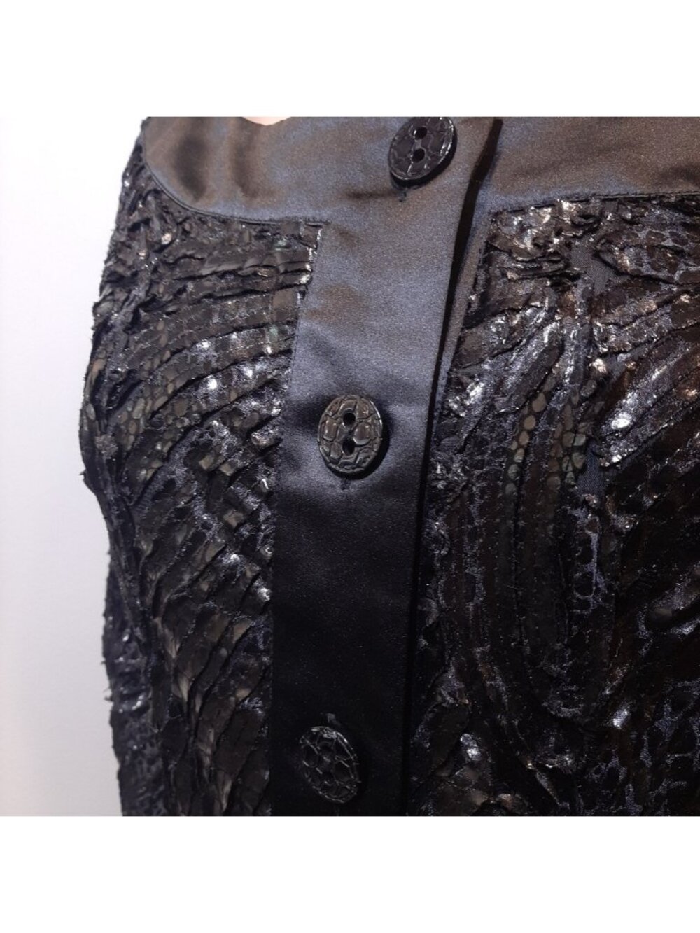 SAMUEL DONG Satin Jacket Textured Floral Buttoned Blazer Cardigan Top Designer - Picture 5 of 14
